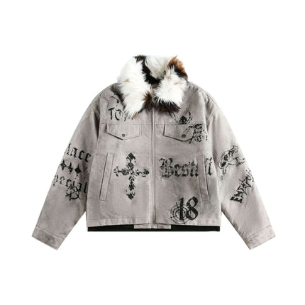 Graffiti Faux Fur Collar Coat – Loose Fit featuring graffiti designs and a plush faux fur collar.