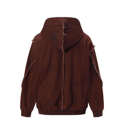 Spray Paint Spliced Jacket – Casual Fit, back view of brown hoodie with frayed edges and relaxed fit.