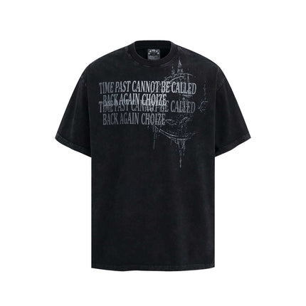 Retro Washed Castle Letter T-Shirt – Loose Fit in black with vintage-inspired text design.