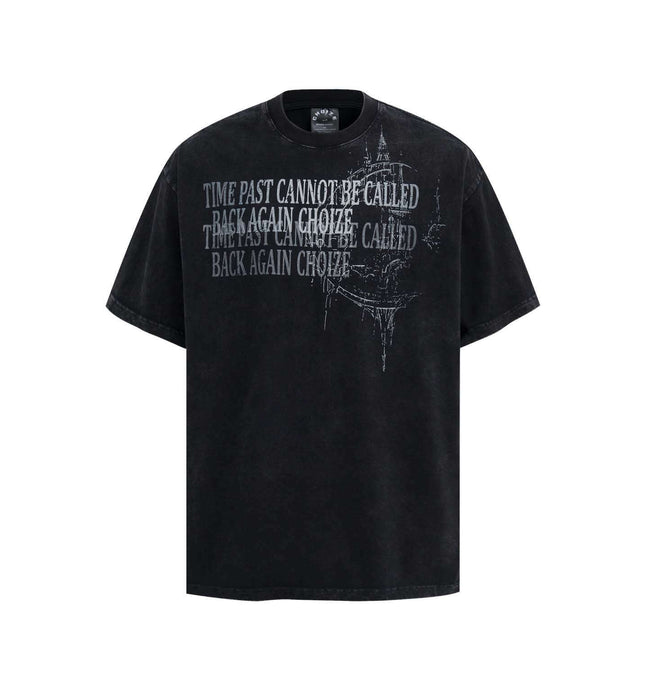 Retro Washed Castle Letter T-Shirt – Loose Fit in black with vintage-inspired text design.