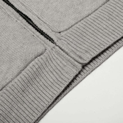 Letter Jacquard Knit Hoodie – Loose Fit close-up of soft gray fabric detailing and ribbed hems for a stylish look.