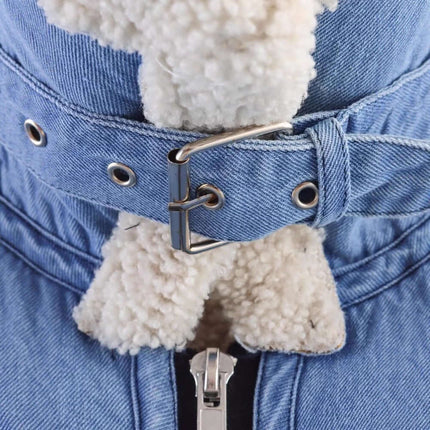 Loose Fit Short Zip Jacket detail showing the blue fabric and buckle closure.