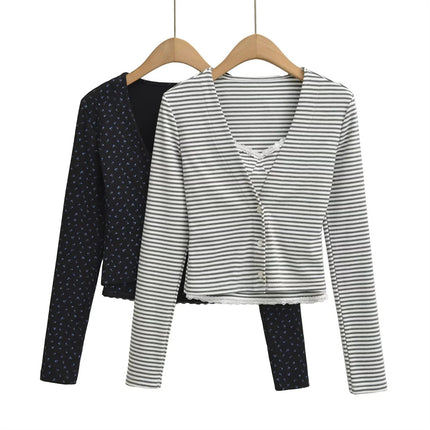 Top de Cárdigan de Manga Larga con Cuello en V a Rayas Dulces para Mujeres con Cuello Volante, Conjunto de Camisón Ajustado de Parches