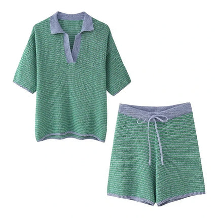 Chic knit shorts ensemble in green, polyester fabric with organic relaxed cotton feel, featuring a short-sleeve top and drawstring waist shorts.