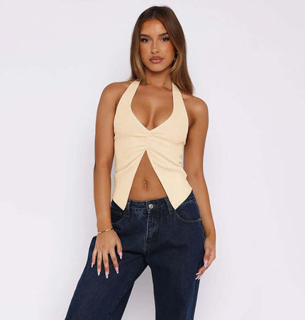 Model wearing a Split Neck Suspender Top – Slim Fit in light yellow with stylish jeans.