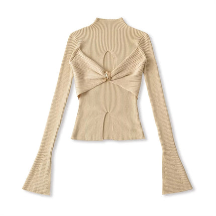 Metal Knot Hollow-Out Flare Sleeve Knit Top – Slim Fit Sexy Chic