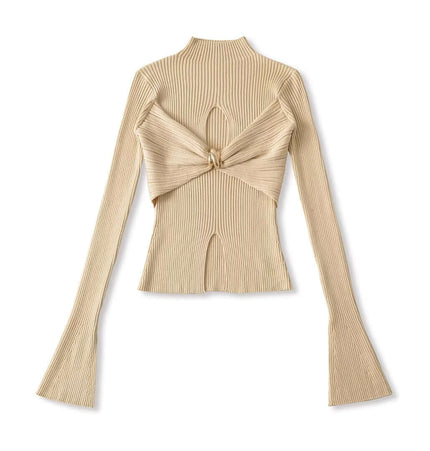 Metal Knot Hollow-Out Flare Sleeve Knit Top in beige with unique hollow-out design and flared sleeves.