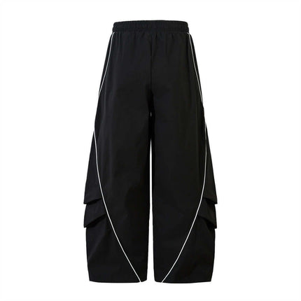 Tape Decorated Casual Wide-Leg Pants with contrast tape accents and clean stripe detailing in black.