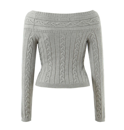 Off-Shoulder Twists Slim Knit Sweater with cable knit design and off-shoulder style in soft grey color.