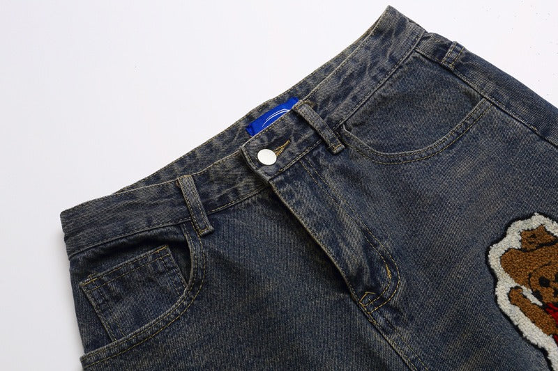 Vintage Cartoon Towel Embroidery Washed Knife-Edge Jeans Pants