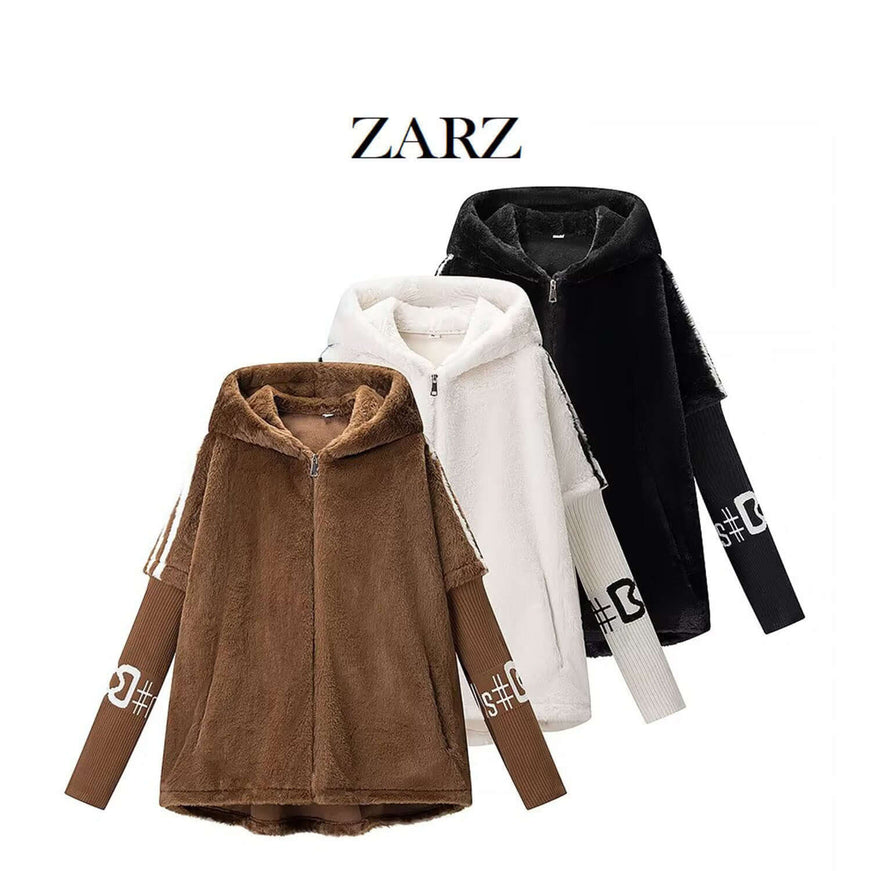 White faux fur coat with Grozavu logo