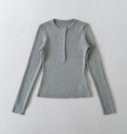 Round Neck Half-Button Knit Sweater in soft grey color, featuring a ribbed texture and slim-fit design.