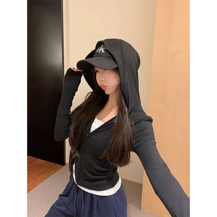 Sweet and Spicy Hooded Sweatshirt Jacket for Women, Slim Fit, Lightweight, Dual-Zipper Long Sleeve Top