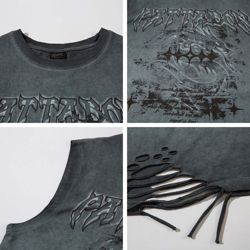 Black washed distressed unique sleeveless t-shirt with Grozavu logo