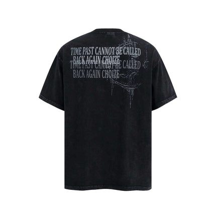 Retro Washed Castle Letter T-Shirt – Loose Fit, featuring vintage castle print on a relaxed black background.