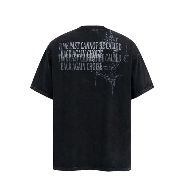 Retro Washed Castle Letter T-Shirt – Loose Fit, featuring vintage castle print on a relaxed black background.