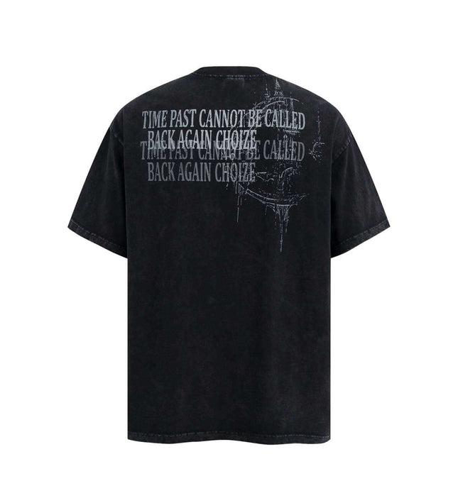 Retro Washed Castle Letter T-Shirt – Loose Fit, featuring vintage castle print on a relaxed black background.