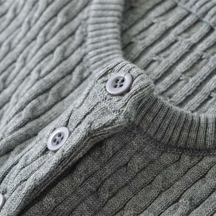 Grozavu Round Neck Half-Button Knit Sweater with gray ribbed texture and button detail.