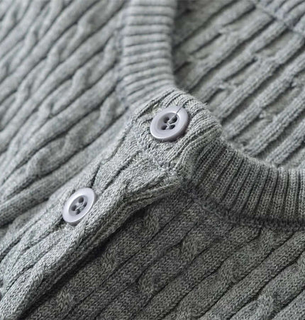 Grozavu Round Neck Half-Button Knit Sweater with gray ribbed texture and button detail.