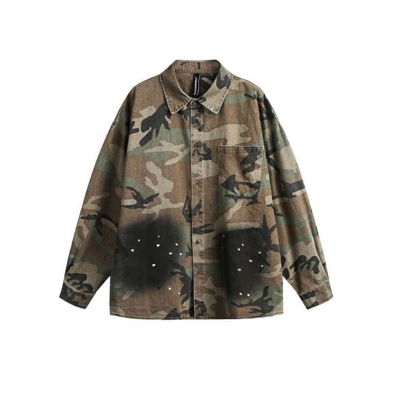 Model wearing Green Camouflage heavy industry used workwear camouflage by Grozavu