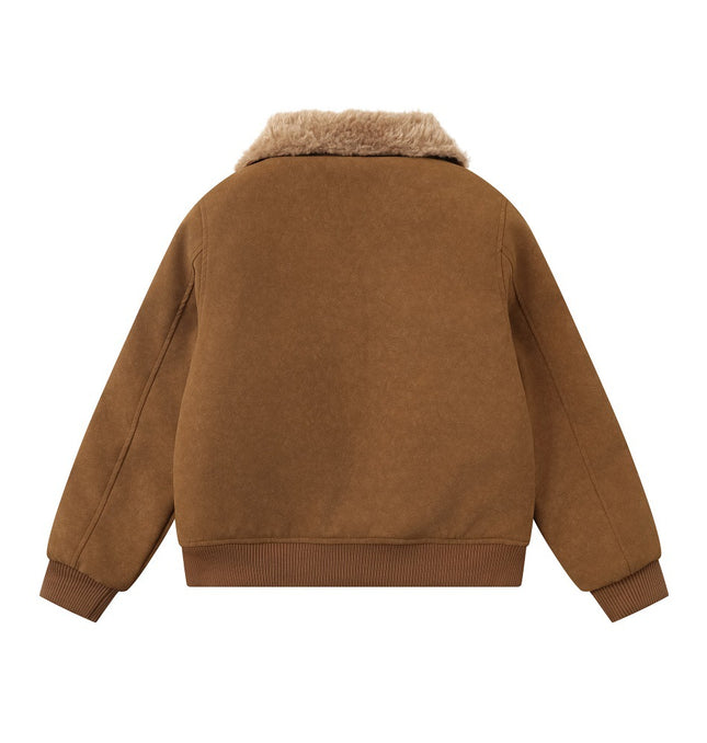 Faux Suede Jacket for Women Winter Loose  with Fur Collar Turn-Down Collar Coat