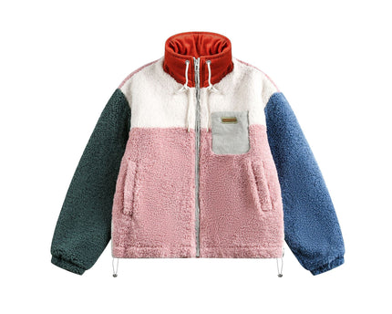 Color-blocked Lamb Velvet Stand-up Collar Patchwork Quilted Jacket