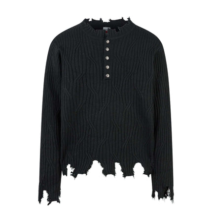 Ripped Hem Knit Cardigan – Loose Fit in black with a distressed hem and button detail, showcasing a relaxed silhouette.
