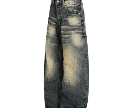 Street Vintage Washed Bamboo Texture Design Loose Wide-Leg Denim Pants