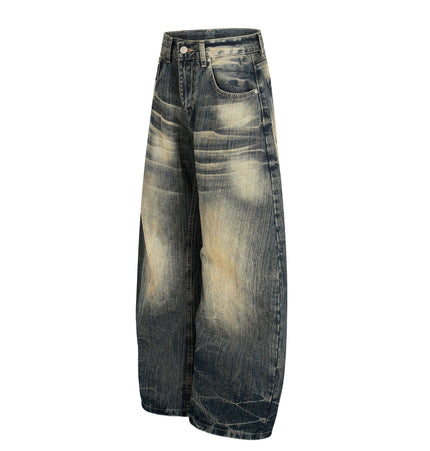 Bamboo Texture Denim Pants - Loose Fit showcasing relaxed vintage silhouette and wide-leg flared cut.