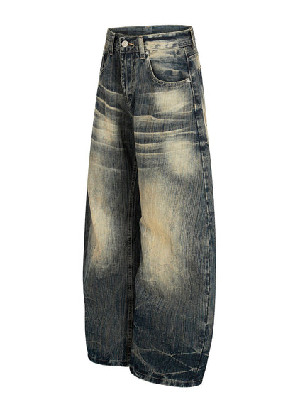 Street Vintage Washed Bamboo Texture Design Loose Wide-Leg Denim Pants