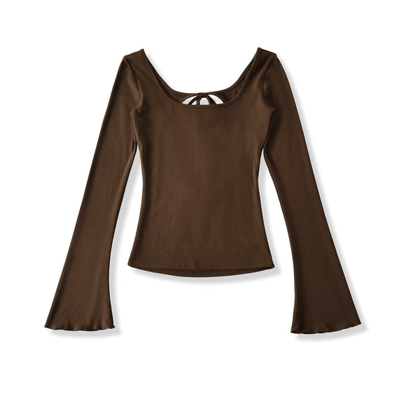 U-neck Striped Long Sleeved Elastic T-shirt Tight Top