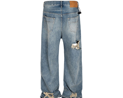Pantalones Largos de Mezclilla Desgastados con Agujeros de Calle Principal, Jeans Anchos y Sueltos Lavados