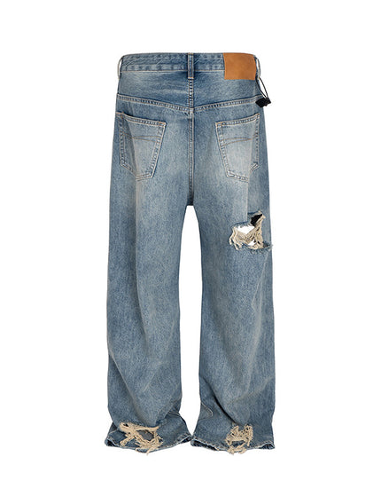 High Street Distressed Hole Denim Long Pants Washed Loose Wide Leg Jeans