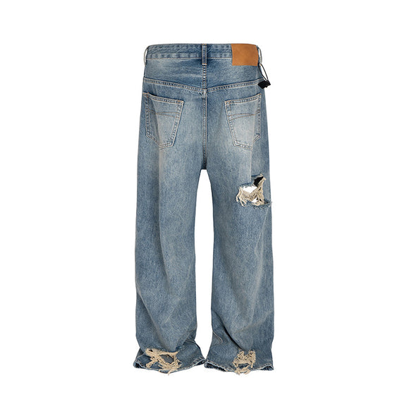 High Street Distressed Hole Denim Long Pants Washed Loose Wide Leg Jeans