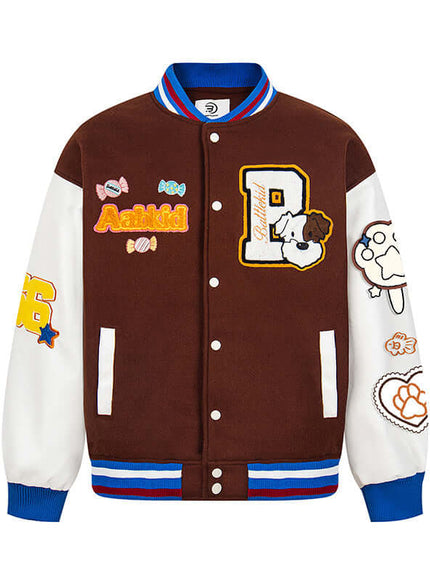 Brown letter embroidery color blocked coat with Grozavu logo