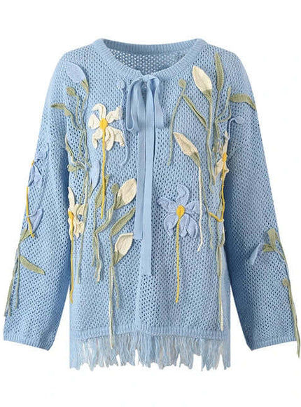 Back view of Blue floral lace up knitted by Grozavu