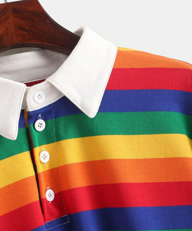 Grozavu's Rainbow Color Long Sleeve Sweatshirt: Korean Style with Button Stripes