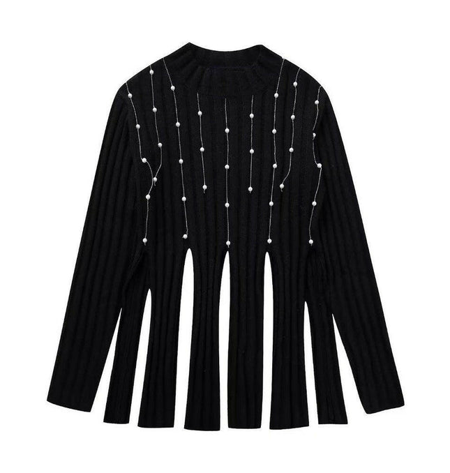 Grozavu: Black Knitted Sweater with Faux Pearls & Tassels, Long Sleeve at €45.99