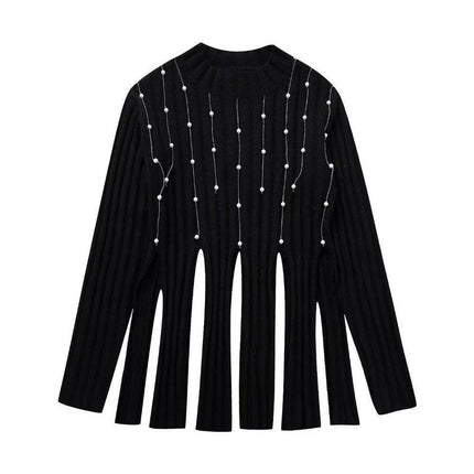 Grozavu: Black Knitted Sweater with Faux Pearls & Tassels, Long Sleeve at €45.99