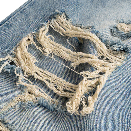 High Street Distressed Hole Denim Long Pants Washed Loose Wide Leg Jeans