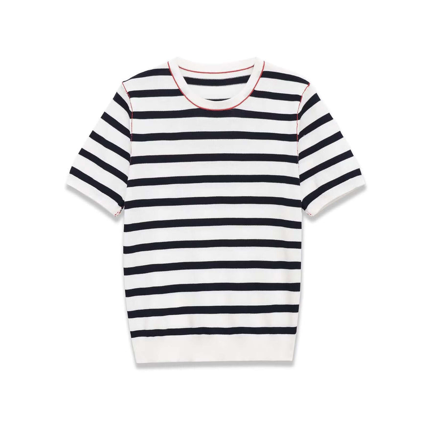 Model wearing Stripe paneled round neck sweater by Grozavu