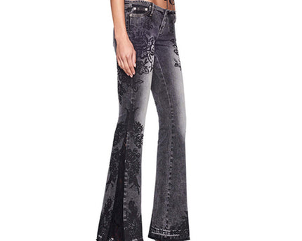 Retro plant print washed water slim fit and slimming flared jeans