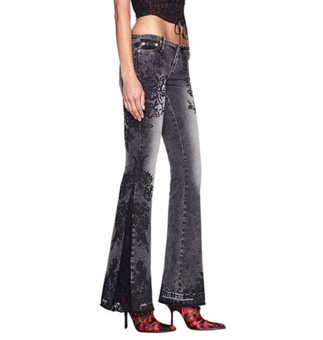 Retro Plant Print Slim Flared Jeans displaying a vintage-inspired style with modern comfort and subtle plant print detailing.