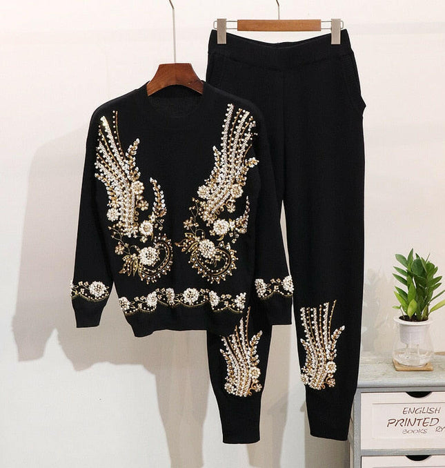 Grozavu Beaded Sweater & Casual Pants Set at €99.00