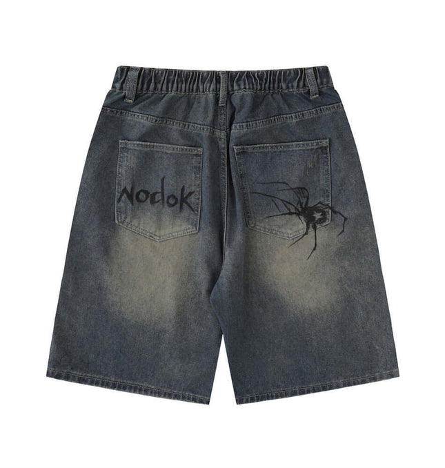 Spider Print Denim Shorts styling detail - Premium Streetwear