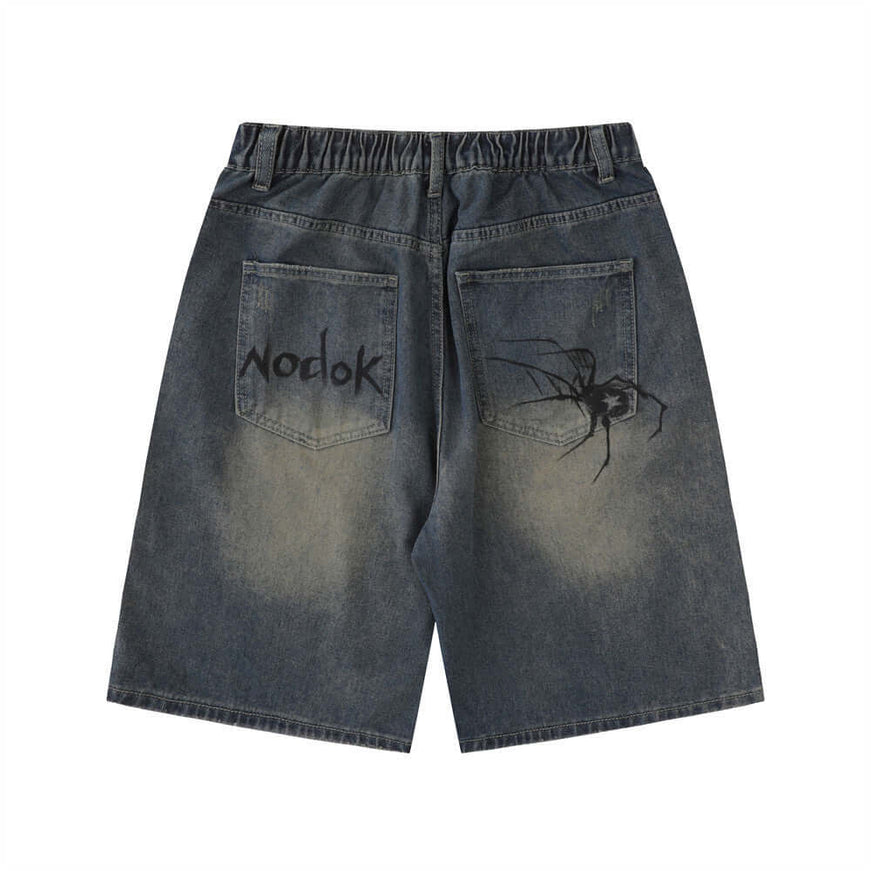 Blue spider print denim shorts with Grozavu logo