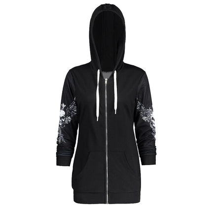 Women's organic relaxed cotton hoodie with criss-cross skull wings print, full sleeves, and a front zipper, perfect for fall, spring, and winter.