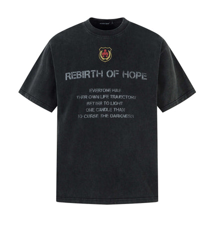 Retro Washed Badge Letter TShirt – Loose Fit featuring vintage badge print and quote design.