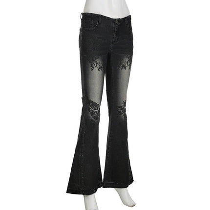 Retro-Pflanzenmuster Slim Flared Jeans