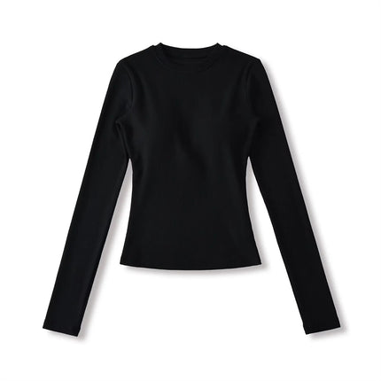 Elastic Vintage Round Neck Padded Long Sleeve T-Shirt Top